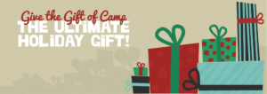 Illustration for "Give the Gift of Camp" with colorful illustrated gifts in wrapping paper and ribbon.