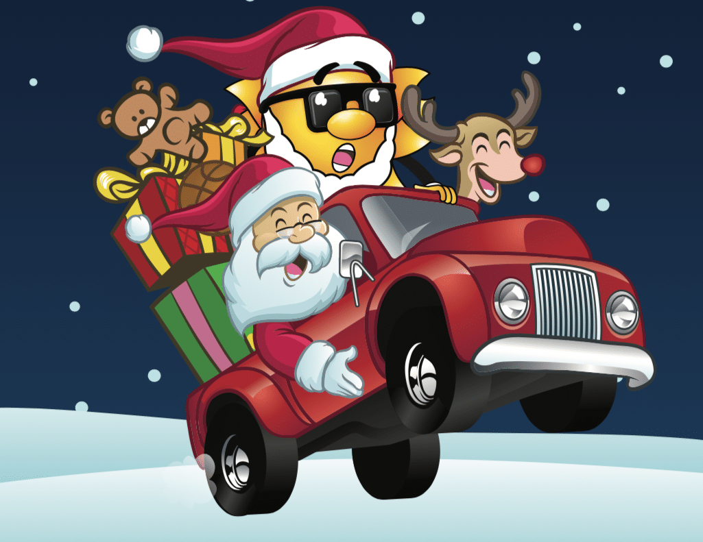 An illustration of Santa Claus driving a truck with Rudolf and Shades riding along.